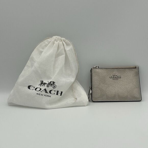 Coach Leather Small Zip Around Coin Wallet ID Keychain Purse Platinum Silver - Picture 1 of 16